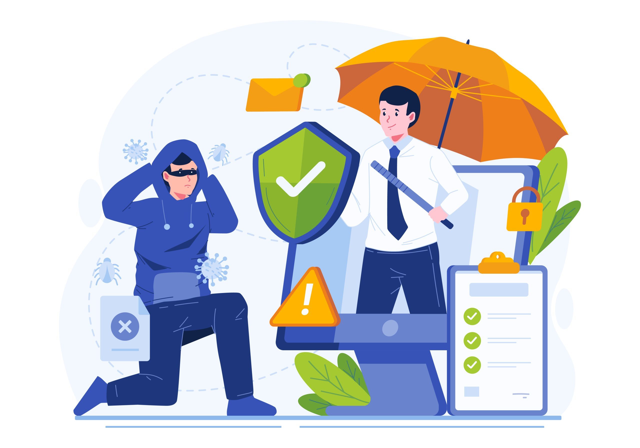 Cyber Insurance Illustration. A Male Insurance Agent Protects Data Information Against Cybercrime Risks From a Hacker