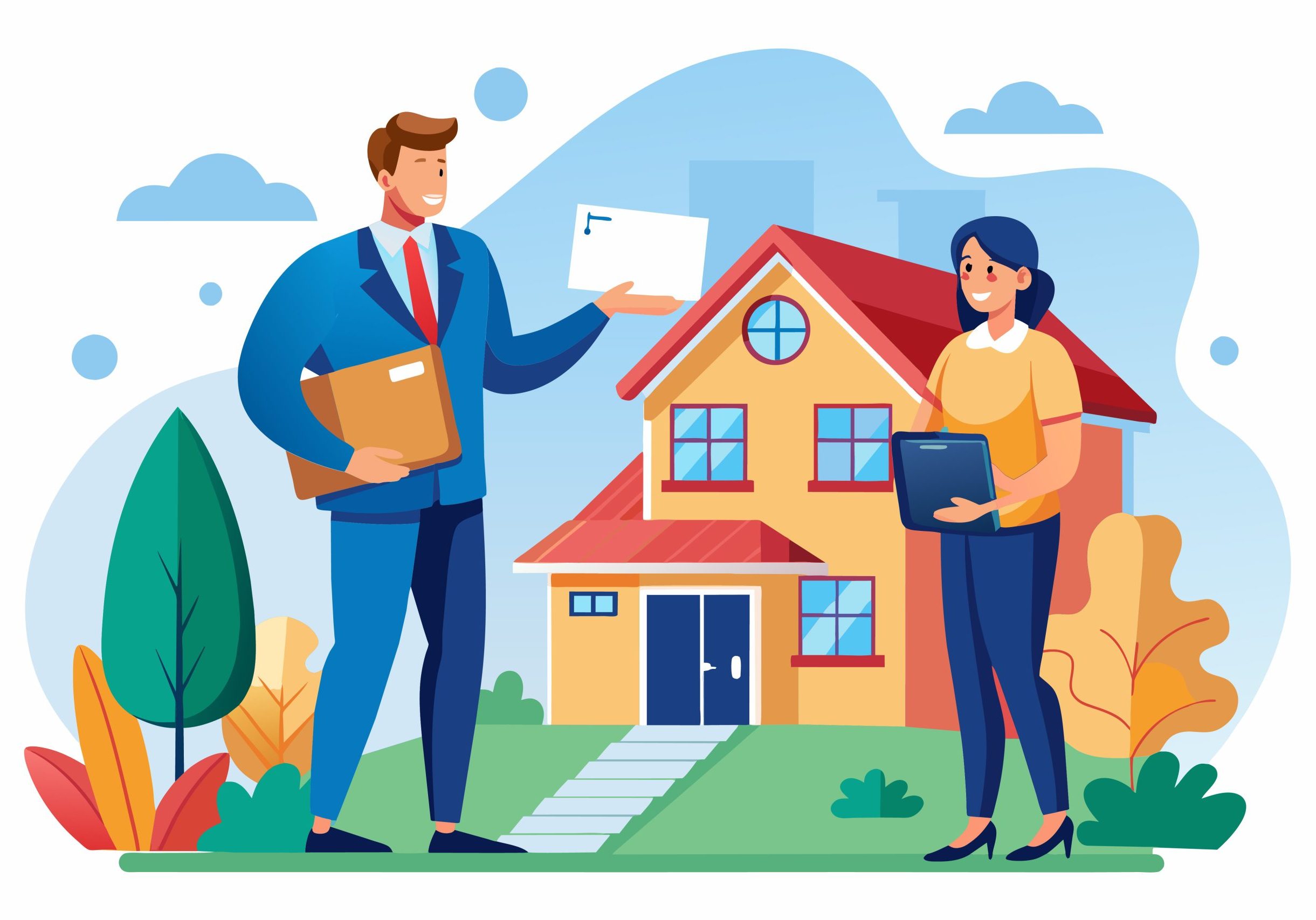 A man is finalizing the purchase of a house with a broker in a vibrant residential area, Man buying house from broker